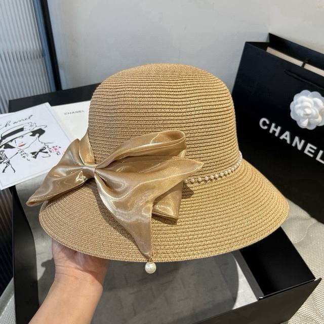 Chanel straw hat, bow basin hat, lady style PP straw hat, head circumference 57C