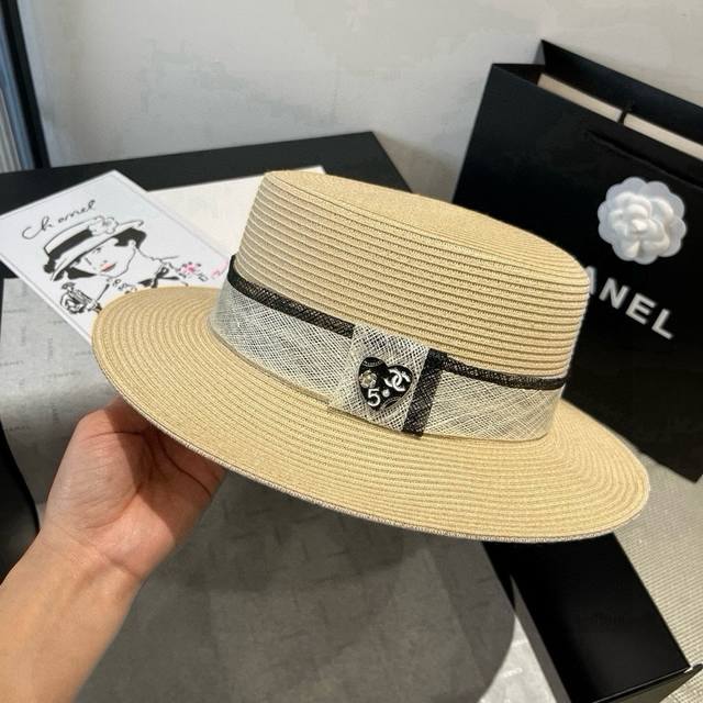 Chanel, flat top hat, linen straw hat, head circumference 57cm DDD
