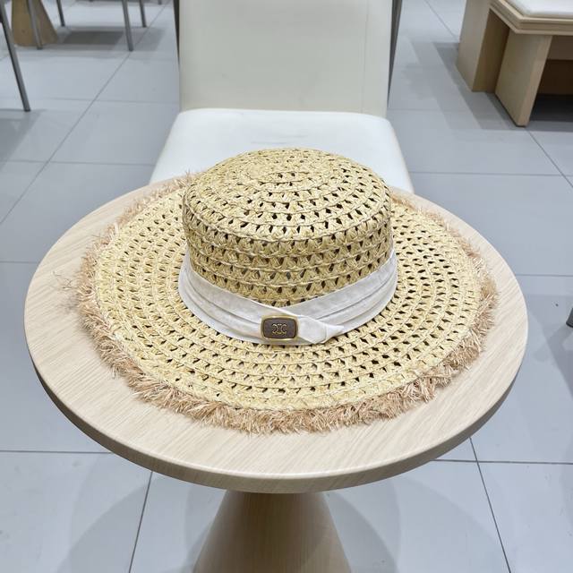 Celine Celine French braided raw edge hollow flat top straw hat female summer be