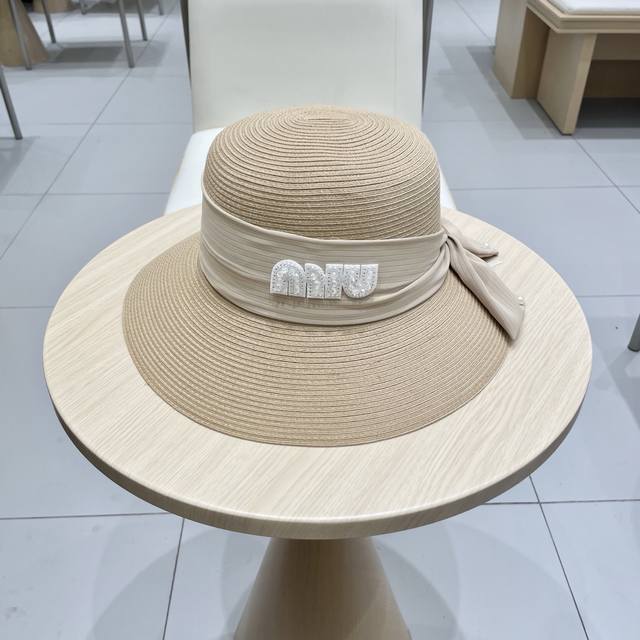 Miumiu simple bow large brim straw hat for women summer beach sun hat foldable s