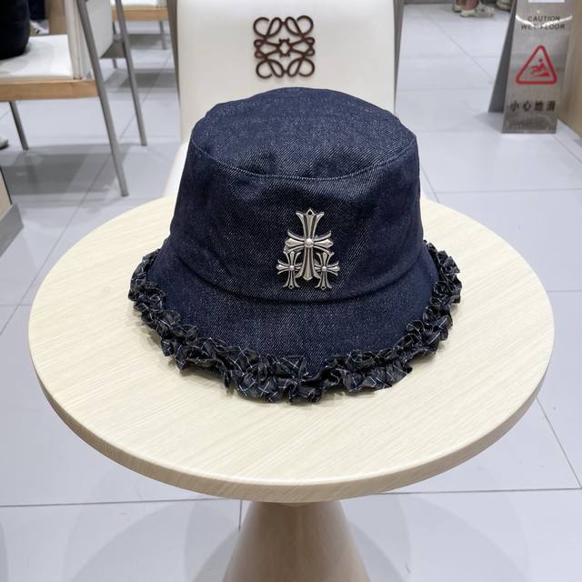 Chrome Hearts classic plaid wood ear edge denim fisherman hat women's autumn and