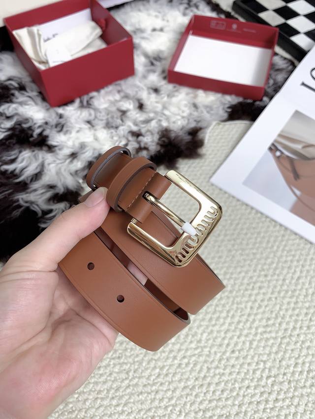 Miumiu high-end women's belt width 3.0cm double-sided first layer calfskin mater
