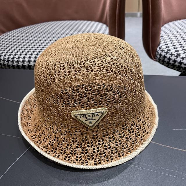 Prada Summer Korean version contrast color fashion all-match hollow bucket hat b