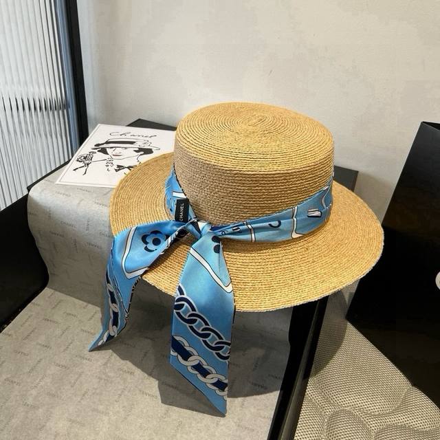 Chanel raffia hat, super heavy custom made, with silk bow ribbon, head circumfer