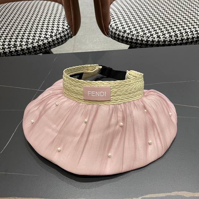 Fendi Korean style large brim sun hat for women with pearl stitching hollow top