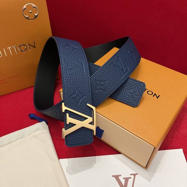 LV New Belt for Trendy Men, 4cm wide, featuring imported Togo leather with embos