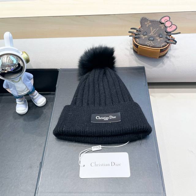 Dior knitted hat for women autumn and winter real fox fur ball wool hat cold-pro