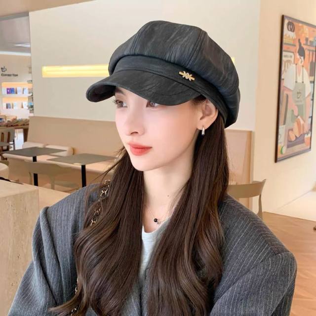 Prada Japanese Fuji leather texture octagonal hat for women in spring and autumn