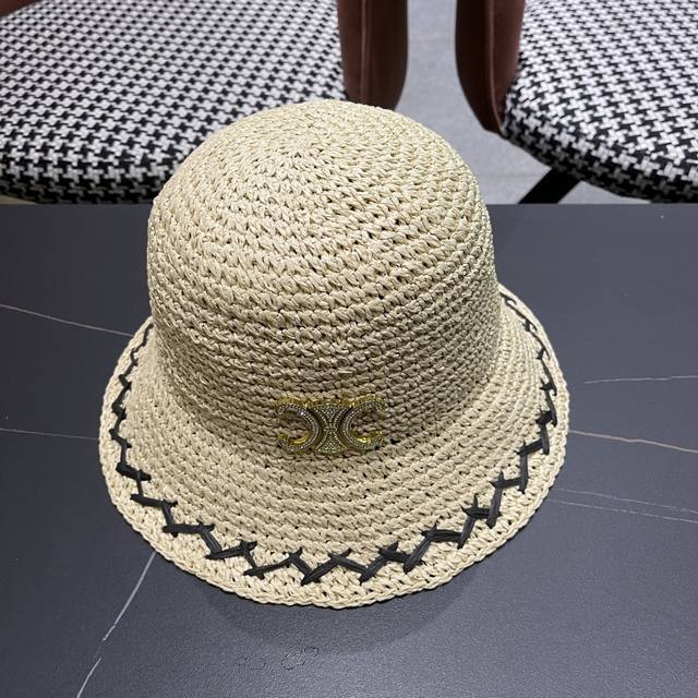 Celine high version Arc de Triomphe rhinestone letter 2025 new raffia bucket hat