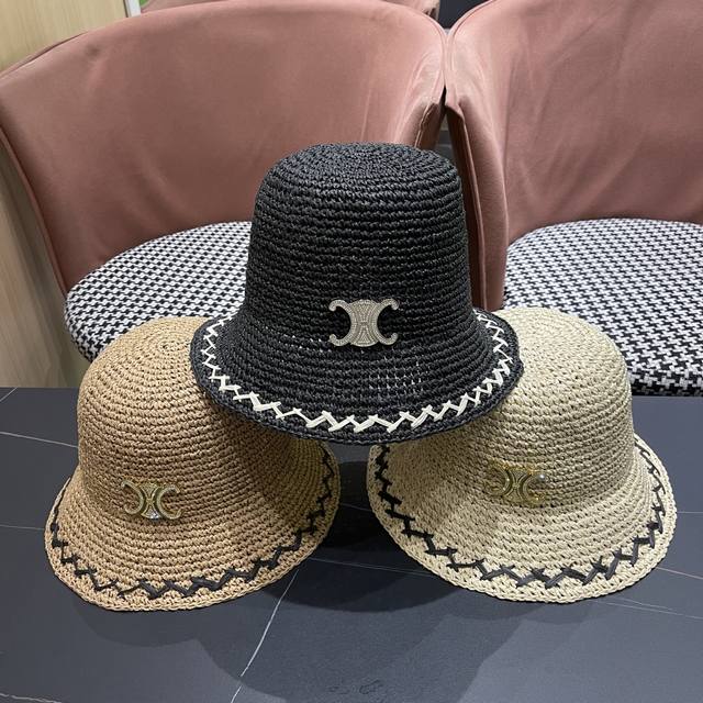 Celine high version Arc de Triomphe rhinestone letter 2025 new raffia bucket hat