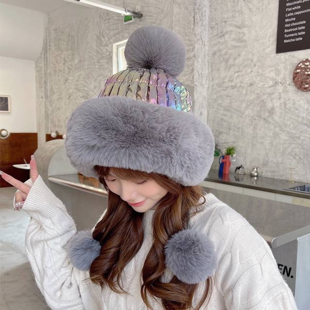Moncler white winter snow wool hat for women with fur ball ear protection, furry