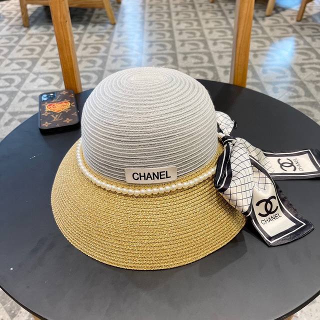 Chanel ladylike straw hat, imported PP straw, with organza bow, head circumferen