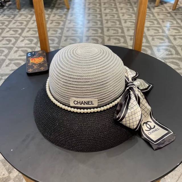 Chanel Chanel lady style straw hat, imported Pp straw, with organza bow, head ci