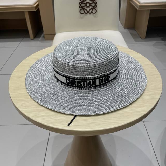 Dior 25 new gold and silver flat-top straw hat, Lafite hat, head circumference 5