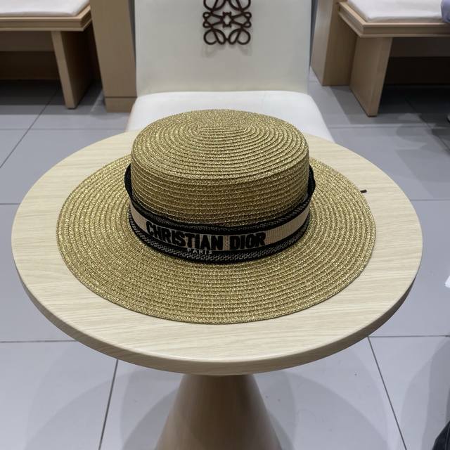 Dior 25 new gold and silver flat-top straw hat, Lafite hat, head circumference 5