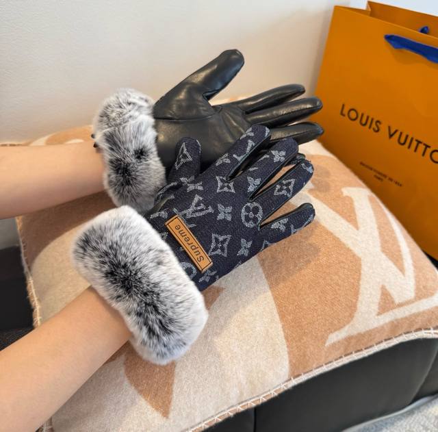 2025Lv new fur denim with leather gloves, fashionable motorcycle gloves, new aut