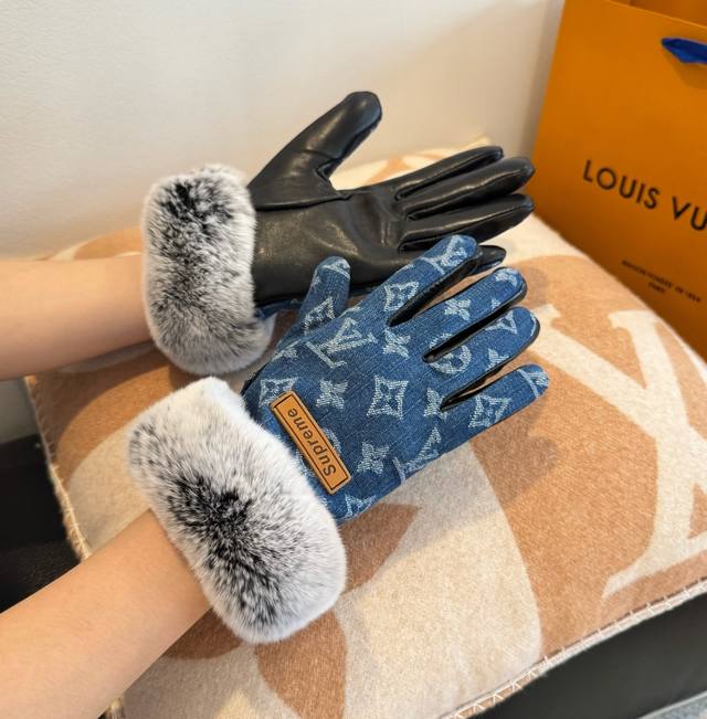 2025Lv new fur denim with leather gloves, fashionable motorcycle gloves, new aut