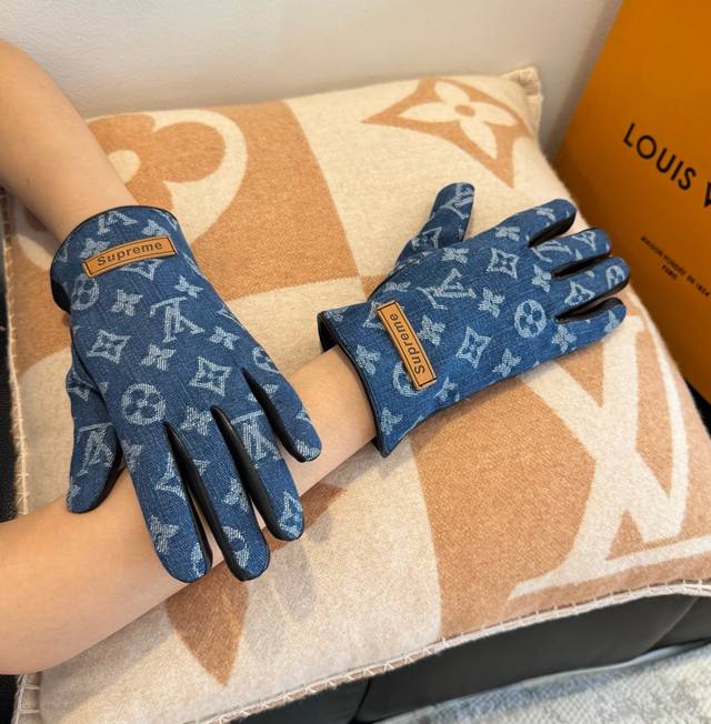 2025Lv new denim with leather gloves, fashionable motorcycle gloves, new autumn