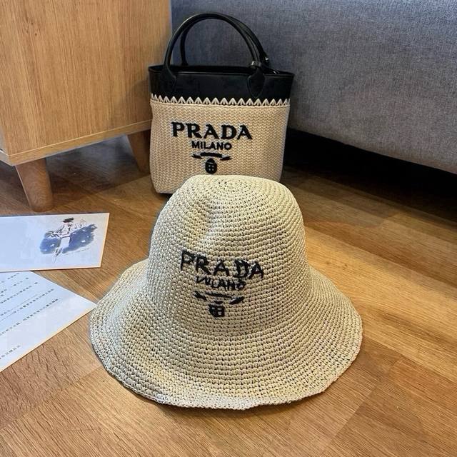 Prada 2025 summer folding straw hat, pure crocheted, head circumference 57cm, fo