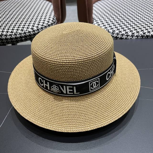 Chanel Chanel classic small flat top, flat top straw hat, head circumference 57c