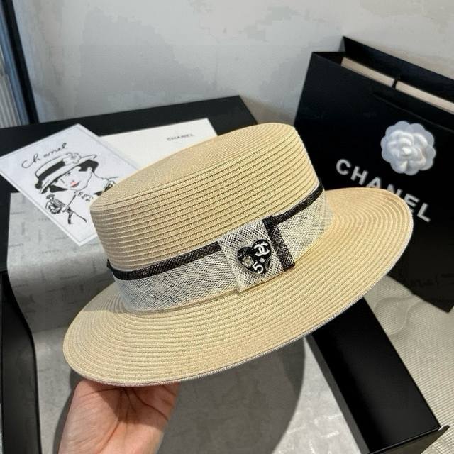 Chanel, flat top hat, linen straw hat, head circumference 57cm DDD