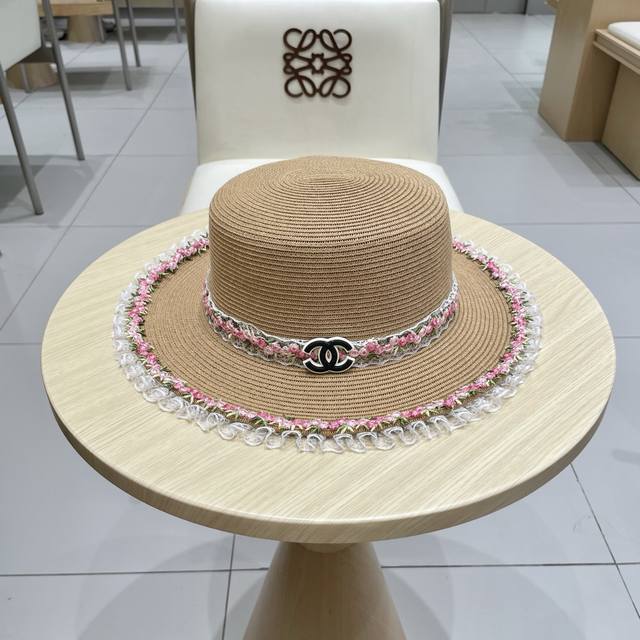 Chanel flat-top straw hat DDD. Made from finely braided Taiwanese straw, this ha