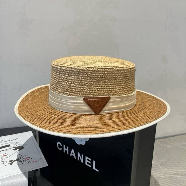 Prada new flat top hat, high-grade Pp straw fabric, head circumference 57cm DDD