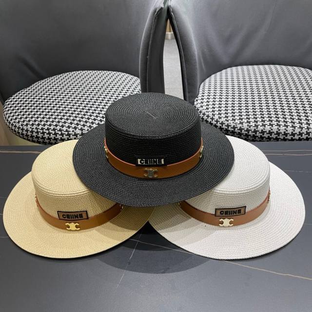 Celine 2025 new flat-top straw hat, high-end custom, large inventory, a must-hav