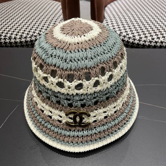 Chanel Japanese striped knitted hollow cotton fisherman hat women's spring and s
