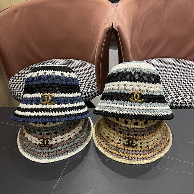 Chanel Japanese striped knitted hollow cotton fisherman hat women's spring and s