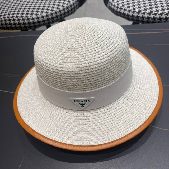 Prada straw hat, leather trim, high-end custom, super nice hat shape, head circu