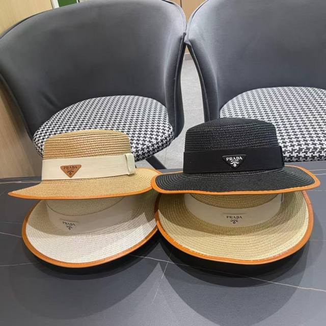 Prada straw hat, leather trim, high-end custom, super nice hat shape, head circu