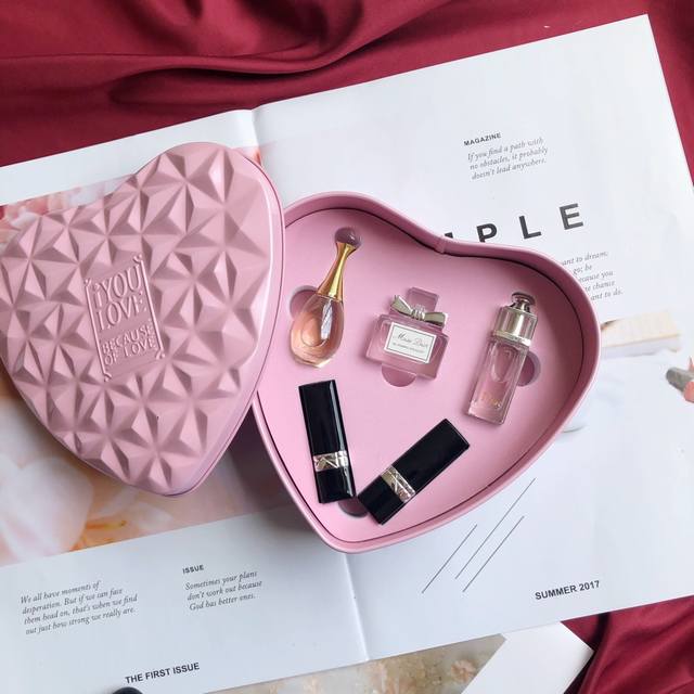 Counter quality Dior Love Heart Iron Box Perfume and Lipstick Set 5-piece Set D