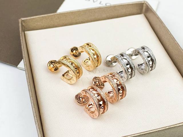 New Bulgari B.Zero 1 Rock series rivet-stud earrings, full of diamonds, for cou