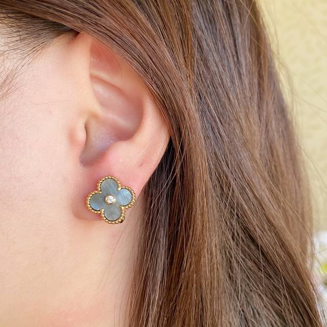 V gold-plated Vca four-leaf clover natural gray shell with diamond earrings, mar