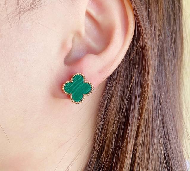 V gold-plated Vca natural malachite four-leaf clover earrings, premium 1:1 versi