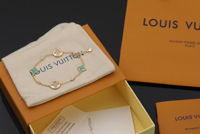 Four-Flower Diamond Amazonite Bracelet, customizable with real gold and diamond