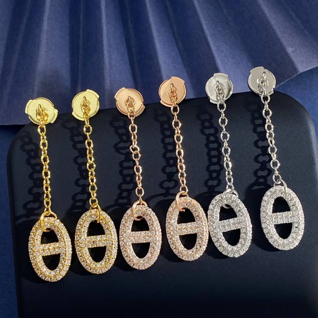 Am92 Hermes fashion classic pig nose full diamond chain tassel long earrings mad