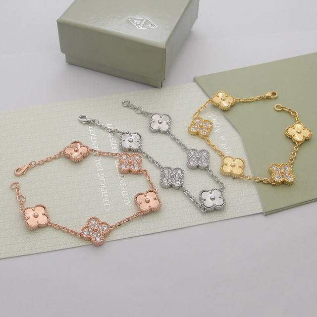Thick chain Vca five-flower bracelet Four-leaf clover flower diamond bracelet F