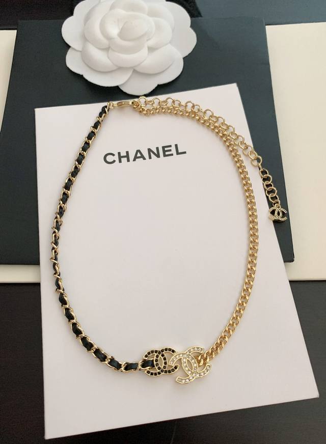 Ch*Nel New black and white diamond black leather chain necklace consistent Zp br