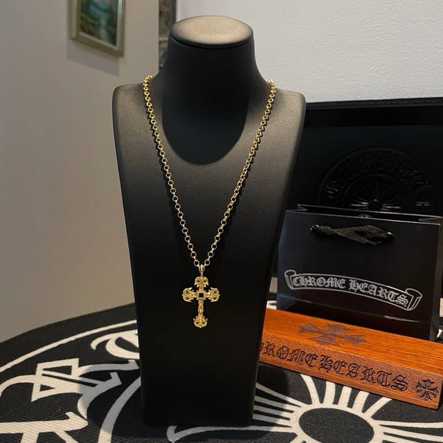 Counter quality Chrome Hearts classic gold necklace, flame cross pendant with co