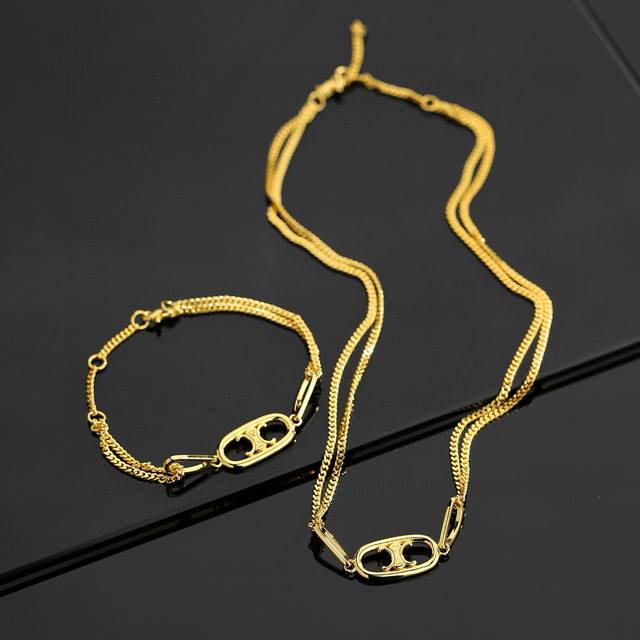 Celine Arc de Triomphe double chain hollow pendant necklace bracelet counter gen