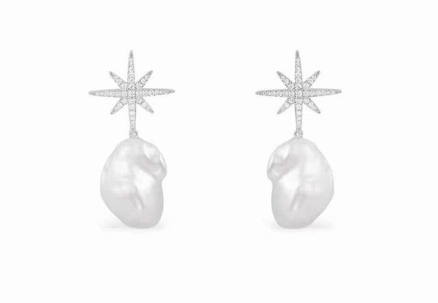A batch M six-pointed star silver earrings baroque pearls fashion trend elegant