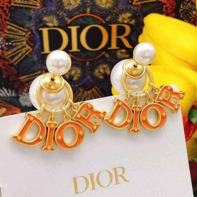 No.Ded0241 Dio* letter earrings tassel size pearl drop oil red DDD