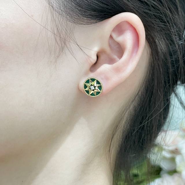 Dior natural malachite compass earrings double-sided Dijia eight-pointed star br