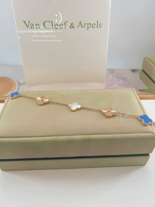 Vca laser-engraved five-flower bracelet featuring two blue chalcedony and one wh