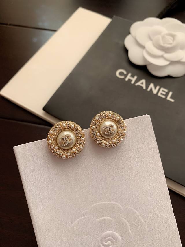 Ch*Nel latest round pearl + diamond earrings consistent with Z batch material DD