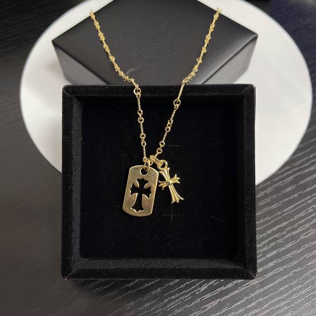 Chrome Hearts Gold-plated polished cross and square necklace DDD