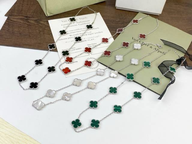 Vca Four-Leaf Clover Ten-Flower Short Necklace with Black Agate, Red Agate, Whit