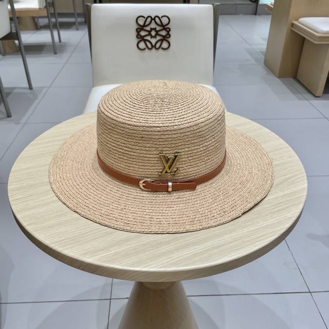 Lv Louis Vuitton new flat-top raffia straw hat, head circumference 57cm